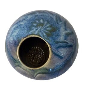 Signed Studio Art Pottery Ikebana Vase Blue Reactive Glaze Flower Frog Round
